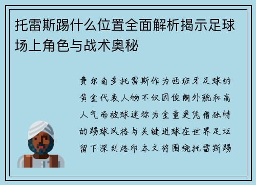 托雷斯踢什么位置全面解析揭示足球场上角色与战术奥秘