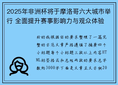 2025年非洲杯将于摩洛哥六大城市举行 全面提升赛事影响力与观众体验